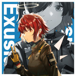 Rule 34 | 1girl, alternate costume, arknights, border, brown eyes, character name, commentary, exusiai (arknights), exusiai (wild operation) (arknights), gloves, grey jacket, halo, hand up, highres, jacket, long sleeves, multiple views, official alternate costume, red hair, short hair, simple background, upper body, v, white border, yellow background, yuuki mix