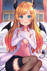 Rule 34 | 1girl, bed, blonde hair, blue eyes, blush, breasts, cleavage, covering privates, covering breasts, curtains, demon horns, demon tail, demon wings, highres, hololive, horns, lab coat, looking at viewer, lying, mi taro333, open mouth, pointy ears, solo, tail, virtual youtuber, window, wings, yuzuki choco, yuzuki choco (1st costume)