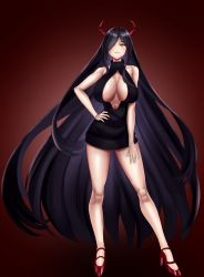 Rule 34 | 1girl, absurdly long hair, absurdres, alternate costume, azur lane, bare shoulders, black dress, black hair, blush, breasts, casual, choister, cleavage, cleavage cutout, clothing cutout, dress, friedrich der grosse (azur lane), full body, hair between eyes, hair over one eye, hand on own hip, hand on leg, high heels, highres, horns, large breasts, legs, long hair, looking at viewer, mechanical horns, open mouth, parted lips, red background, red footwear, red horns, revision, short dress, smirk, solo, standing, thighs, very long hair, yellow eyes