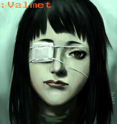 Rule 34 | black hair, character name, eyepatch, fetishy, green eyes, jormungand (manga), lips, lipstick, makeup, portrait, sofia valmer, solo