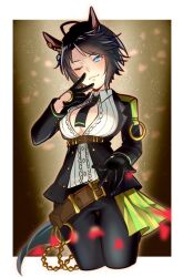 Rule 34 | 1girl, ahoge, animal ears, belt, black gloves, black hair, black jacket, black necktie, black pants, blue eyes, border, breasts, buttons, center frills, center opening, closed mouth, collared shirt, cowboy shot, cropped legs, ear ornament, eyelashes, frilled shirt, frills, fuji kiseki (umamusume), gloves, grey hair, hand to own mouth, hand up, head tilt, highres, horse ears, jacket, light smile, long sleeves, looking at viewer, medium breasts, multicolored hair, nd (nuuchadon10), necktie, no bra, one eye closed, open clothes, open jacket, outside border, pants, petals, shirt, short hair, solo, two-tone hair, umamusume, white border, white shirt, wing collar