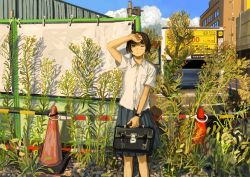 Rule 34 | 1girl, bag, black bag, blue skirt, blue sky, blush, brown eyes, brown hair, building, closed mouth, cloud, collared shirt, hand up, highres, holding, holding bag, looking at viewer, minahamu, one eye closed, original, outdoors, plant, pleated skirt, school bag, school uniform, shirt, short hair, short sleeves, skirt, sky, solo, standing, traffic cone, white shirt