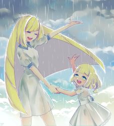 Rule 34 | 2girls, :d, blonde hair, blunt bangs, blush, braid, child, closed eyes, cloud, cloudy sky, creatures (company), day, dress, game freak, happy, highres, holding hands, kisaragi yuu (fallen sky), lillie (pokemon), long hair, lusamine (pokemon), mother and daughter, multiple girls, music, nintendo, open mouth, outdoors, outstretched arms, pokemon, pokemon sm, rain, ribbon, short sleeves, singing, sky, smile, very long hair, wet, wet clothes, white dress