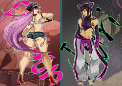 Rule 34 | 2girls, abs, ass, barefoot, big hair, black hair, blue shorts, bracelet, breasts, capcom, chinese clothes, collar, contrapposto, cuffs, denim, denim shorts, detached sleeves, drill hair, dudou, final fight, fingerless gloves, full body, gloves, halterneck, han juri, handcuffs, hat, hayame (m ayame), high heels, jewelry, large breasts, long hair, long legs, midriff, multiple girls, peaked cap, pink hair, poison (final fight), purple eyes, red footwear, riding crop, shoes, short hair, short shorts, shorts, smile, spiked bracelet, spikes, standing, stirrup legwear, street fighter, street fighter iv (series), tank top, teeth, toeless legwear, toes, twin drills, very long hair, zoom layer