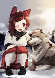 Rule 34 | 1girl, animal ears, bad id, bad pixiv id, brown eyes, brown hair, cofepig, female focus, imaizumi kagerou, one eye closed, open mouth, pantyhose, headpat, short hair, sketch, skirt, smile, solo, squatting, tail, touhou, wolf, wolf ears, wolf tail