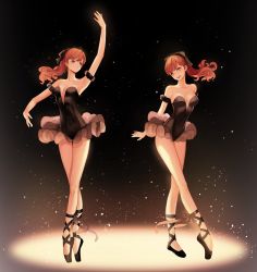 Rule 34 | 2girls, absurdres, arm up, armlet, arms behind back, ballerina, ballet dress, ballet slippers, bare shoulders, black background, black dress, bow, breasts, cleavage, collarbone, dancing, dress, hair between eyes, hair bow, highres, medium breasts, multiple girls, open mouth, persona, persona 5, plunging neckline, ponytail, red eyes, red hair, smile, stage lights, strapless, strapless dress, teeth, upper teeth only, yaoko, yoshizawa kasumi