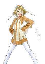 Rule 34 | blonde hair, fang, hands on own hips, hood, hoodie, long hair, mossari poteto, open mouth, original, sleeves past wrists, smile, solo, thighhighs, whiskers, white thighhighs