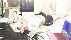 Rule 34 | 1girl, :d, barefoot, bed, black hair, black shorts, blue eyes, blush, breasts, commission, computer, forehead, foreshortening, hair ribbon, hand on own head, highres, laptop, looking at viewer, lying, medium breasts, midriff, navel, on back, on bed, open mouth, original, poster (object), ribbon, shirt, short shorts, short sleeves, shorts, smile, solo, t-shirt, twin (tt lsh), white shirt