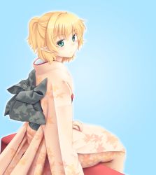 Rule 34 | 1girl, alternate costume, blonde hair, floral print, green eyes, isaki (gomi), japanese clothes, kimono, long sleeves, looking at viewer, mizuhashi parsee, obi, pointy ears, sash, sitting, solo, touhou, wide sleeves