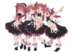 Rule 34 | 4girls, :d, :o, arm grab, black dress, black footwear, blunt bangs, closed eyes, closed mouth, commentary, dress, hug, kemurikusa, leaning forward, long hair, looking at viewer, maid headdress, medium dress, multiple girls, open mouth, own hands together, red hair, rina (kemurikusa), shoes, simple background, sleeveless, sleeveless dress, smile, standing, tanakalma, twintails, v, v arms, white background