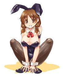 Rule 34 | 10s, 1girl, animal ears, bad id, bad pixiv id, breasts, brown eyes, brown hair, cleavage, crossed ankles, detached collar, earrings, fake animal ears, fishnet pantyhose, fishnets, full body, grin, high heels, highres, huge breasts, idolmaster, idolmaster cinderella girls, jewelry, katagiri sanae, large breasts, leotard, looking at viewer, pantyhose, paopao, playboy bunny, rabbit ears, ribbon, sitting, smile, solo, twintails, white background, wrist cuffs