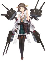 Rule 34 | 10s, 1girl, black pantyhose, blue eyes, brown hair, frilled skirt, frills, full body, hiei (kancolle), japanese clothes, kantai collection, konishi (koconatu), official art, one eye closed, pantyhose, personification, plaid, plaid skirt, ribbon-trimmed sleeves, ribbon trim, skirt, solo, thighhighs, transparent background, white background, wink