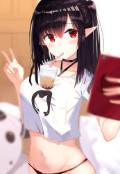 Rule 34 | 1girl, arknights, black choker, black hair, black panties, blurry, blurry foreground, blush, breasts, bubble tea, bubble tea challenge, cellphone, choker, closure (arknights), collarbone, crop top, depth of field, drinking, drinking straw, groin, hair between eyes, hand up, highres, holding, large breasts, navel, no pants, object on breast, one side up, panties, phone, pointy ears, red eyes, selfie, shirt, short sleeves, sidelocks, smartphone, solo, stomach, stuffed toy, underwear, upper body, v, white shirt, zhiyou ruozhe
