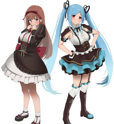 Rule 34 | .live, 2girls, blue hair, blush, boots, breasts, brown hair, cross-laced footwear, cross-shaped pupils, dress, frilled skirt, frills, garter straps, hair ribbon, hands on own hips, highres, juliet sleeves, kakyouin chieri, knee boots, large breasts, long hair, long sleeves, miniskirt, multiple girls, puffy sleeves, red eyes, ribbon, short dress, skirt, symbol-shaped pupils, tama (tamago), thighhighs, twintails, underbust, very long hair, virtual youtuber, yamato iori