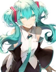 Rule 34 | 1girl, black skirt, black sleeves, blue hair, blue necktie, detached sleeves, floating hair, hair between eyes, hair ornament, hatsune miku, long hair, looking at viewer, miniskirt, necktie, pleated skirt, saihate (d3), shirt, skirt, sleeveless, sleeveless shirt, smile, solo, twintails, vocaloid, white background, white shirt