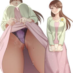 Rule 34 | 2girls, absurdres, bag, breasts, brown hair, cameltoe, cleavage, clothes lift, earrings, feet out of frame, female focus, flower, from below, groin, handbag, high-waist skirt, highres, jewelry, kitazawa (embers), large breasts, legs, lifted by self, long hair, looking to the side, multiple girls, multiple views, necklace, no eyes, original, panties, pantyshot, parted lips, pearl necklace, purple eyes, ring, simple background, skirt, skirt lift, smile, standing, steaming body, sweat, thighs, underwear, upskirt, wedding band, white background