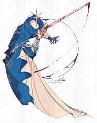 Rule 34 | 1other, a knight (reverse:1999), absurdres, blood, blood on gloves, bloody weapon, blue cape, cape, commentary, english commentary, gauntlets, highres, okiii, reverse:1999, signature, simple background, star (symbol), sword, twitter username, weapon, white background
