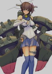 Rule 34 | 1girl, ammunition, bare shoulders, between fingers, blush, brown eyes, brown hair, cosplay, hair ornament, holding, ishikkoro, kaga (kancolle), kantai collection, looking at viewer, personification, short hair, side ponytail, skirt, solo, thighhighs, yamato (kancolle), yamato (kancolle) (cosplay)