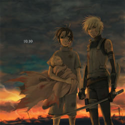 Rule 34 | 3boys, arm guards, armor, artist request, baby, battlefield, belt, black hair, blonde hair, blood, blood on clothes, breastplate, cloud, dated, detached sleeves, facial mark, floating hair, gloves, holding hands, hatake kakashi, holding, injury, konohagakure symbol, looking at viewer, male focus, multiple boys, naruto, naruto (series), sad, shirt, sky, standing, sunset, sword, t-shirt, tattoo, turtleneck, umino iruka, unsheathed, uzumaki naruto, weapon, whisker markings, wind, aged down