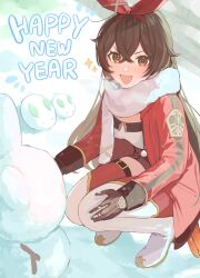 Rule 34 | 1girl, amber (genshin impact), arisuke gnsn, boots, breasts, breath, brown eyes, brown gloves, brown hair, brown shorts, coat, commentary, crossed bangs, english text, genshin impact, gloves, happy new year, highres, long hair, looking at viewer, new year, open mouth, red coat, red ribbon, ribbon, scarf, shorts, small breasts, smile, snow, snow rabbit, snowman, solo, sparkle, sparkling eyes, squatting, thigh boots, v-shaped eyebrows, white footwear, white scarf, winter