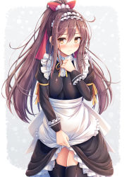 Rule 34 | 1girl, 3:, akashio (loli ace), apron, black dress, black thighhighs, blush, breasts, brown eyes, brown hair, closed mouth, clothes lift, collared dress, commentary request, cowboy shot, dress, dress lift, female focus, frilled apron, frills, frown, garter straps, hair between eyes, hair ornament, hair ribbon, hand on own chest, hand up, high ponytail, highres, juliet sleeves, large breasts, lifting own clothes, light particles, long hair, long sleeves, looking at viewer, maid, maid apron, maid headdress, no panties, original, ponytail, puffy sleeves, red ribbon, ribbon, sidelocks, solo, standing, thighhighs, waist apron, white apron, wing collar