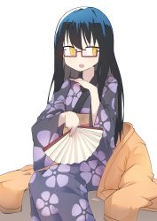 Rule 34 | 1girl, absurdres, black hair, blush, bural chingu, glasses, hair between eyes, hand fan, highres, japanese clothes, ju hyeon-mi, kimono, long hair, open mouth, paper fan, red-framed eyewear, simple background, solo, white background, wweed, yellow eyes