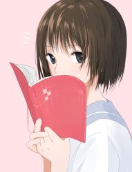 Rule 34 | 1girl, aspara, blue eyes, book, brown hair, covered mouth, from side, hands up, highres, holding, holding book, looking at viewer, original, pink background, school uniform, serafuku, short hair, simple background, solo, string, string of fate, upper body