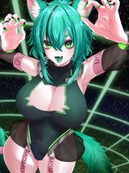 Rule 34 | 1girl, absurdres, animal ears, breasts, cat cutout, cat ears, cat girl, cat tail, character name, cleavage, clothing cutout, colored tongue, freckles, green eyes, green hair, green nails, green tongue, highres, huug, indie virtual youtuber, large breasts, leotard, momo (vtuber), nail polish, open mouth, second-party source, solo, star (symbol), starry background, tail, virtual youtuber