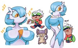 Rule 34 | 1boy, 1girl, 5anart5, alternate color, arched back, arm up, beanie, blue hair, blue skin, bob cut, breasts, breasts apart, brendan (pokemon), buck teeth, chibi, chibi inset, closed mouth, collarbone, colored skin, covered eyes, cowboy shot, creatures (company), cropped legs, cropped torso, drooling, english text, from side, full body, game freak, gardevoir, gen 1 pokemon, gen 3 pokemon, gloves, grey shirt, hair between eyes, hair over eyes, hair over one eye, half-closed eyes, happy, hat, head on ass, highres, holding, holding poke ball, large breasts, legs apart, looking at another, looking at viewer, looking back, looking down, mouse (animal), mouth drool, multicolored skin, multiple views, nintendo, no mouth, notice lines, one eye covered, open mouth, orange eyes, orange footwear, orange gloves, outstretched arm, poke ball, poke ball (basic), pokemon, pokemon (creature), pokemon emerald, pokemon rse, rattata, red eyes, shiny pokemon, shirt, shoes, short hair, single glove, smile, sparkle, standing, teeth, two-tone skin, upper body, v-shaped eyebrows, white headwear, white skin, wristband