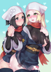 Rule 34 | 2futa, akari (pokemon), akari (pokemon) (cosplay), alternate costume, black eyes, black hair, blonde hair, blue background, breasts, censored, cosplay, creatures (company), cum, ejaculating while penetrated, ejaculation, futa with futa, futanari, game freak, grabbing, grabbing another&#039;s breast, grabbing from behind, handsfree ejaculation, head scarf, heart, heart-shaped pupils, heart censor, highres, holding hands, interlocked fingers, lillie (pokemon), looking at another, medium breasts, mizuumi (bb), multiple futa, nintendo, open mouth, parted lips, penis, pokemon, pokemon legends: arceus, pokemon sm, selene (pokemon), sex, sex from behind, short hair, smile, symbol-shaped pupils, white headwear, x-ray