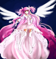 Rule 34 | 10s, 1girl, absurdres, ankle wings, dress, gloves, hair ribbon, highres, kaname madoka, long hair, magical girl, mahou shoujo madoka magica, mahou shoujo madoka magica (anime), pas (paxiti), pink hair, ribbon, short twintails, smile, solo, spoilers, thighhighs, twintails, two side up, ultimate madoka, very long hair, white thighhighs, wings, yellow eyes