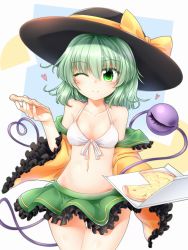 Rule 34 | 1girl, ;), bad id, bad pixiv id, bare shoulders, bikini, bikini top only, black hat, blush, bow, box, breasts, collarbone, colored eyelashes, commentary request, cowboy shot, food, frilled shirt collar, frilled sleeves, frills, front-tie bikini top, front-tie top, green eyes, green hair, green nails, green skirt, groin, hair between eyes, halterneck, hat, hat bow, heart, heart of string, highres, holding, holding box, holding food, holding pizza, komeiji koishi, long sleeves, looking at viewer, marukyuu ameya, miniskirt, nail polish, navel, off shoulder, one eye closed, open clothes, open shirt, petticoat, pizza, pizza box, shiny skin, shirt, short hair, skirt, small breasts, smile, solo, standing, stomach, swimsuit, thigh gap, thighs, third eye, touhou, white background, white bikini, wide sleeves, yellow bow, yellow shirt