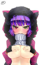 Rule 34 | 1girl, animal hood, bad id, bad pixiv id, blush, breasts, cat hood, clothes lift, covering privates, covering breasts, doyouwantto, fingerless gloves, gloves, green eyes, heterochromia, highres, hood, hoodie, large breasts, looking at viewer, original, purple hair, red eyes, ribbed sweater, simple background, solo, sweater, sweater lift, white background