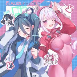 Rule 34 | 2girls, absurdly long hair, absurdres, alice (nikke), animal ear headphones, animal ears, aqua halo, aris (blue archive), artist request, blue archive, blue eyes, blue hair, blue necktie, blush, bodysuit, breasts, collared shirt, cropped jacket, dark blue hair, doro (nikke), fake animal ears, goddess of victory: nikke, hair between eyes, hairband, halo, headphones, headset, highres, impossible bodysuit, impossible clothes, jacket, latex, latex bodysuit, long hair, long hair between eyes, long sleeves, looking at viewer, medium breasts, multiple girls, name connection, necktie, one side up, open mouth, pink bodysuit, pink eyes, pink headphones, rectangular halo, red jacket, shirt, shrug (clothing), simple background, skin tight, skirt, smile, twintails, very long hair, white shirt