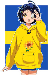 Rule 34 | 1girl, ahoge, arm up, arms behind back, blue hair, blue shorts, dark blue hair, egg, floral print, hair ornament, hairclip, highres, holding, holding egg, hood, hood down, hoodie, long sleeves, official style, one eye covered, ooto ai, open mouth, outside border, riokasen, short hair, shorts, solo, sunflower print, upper body, wonder egg priority, yellow eyes, yellow hoodie