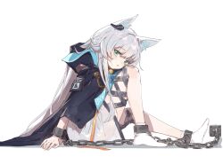 Rule 34 | 1girl, absurdres, animal ears, arknights, black jacket, blush, cat ears, cat girl, chinese commentary, commentary request, cuffs, dress, earpiece, full body, green eyes, highres, hood, hood down, hooded jacket, jacket, knee up, long sleeves, looking at viewer, no shoes, open mouth, rosmontis (arknights), sao7, shackles, simple background, sitting, socks, solo, variant set, white background, white dress, white hair, white socks