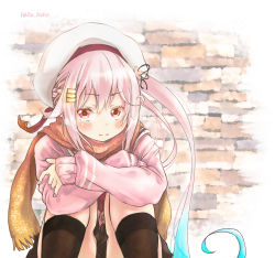 Rule 34 | 10s, 1girl, :t, artist name, beret, blue hair, blush, brick wall, flower ornament, gradient hair, hair ornament, hair ribbon, harusame (kancolle), hat, highres, kantai collection, hugging own legs, long hair, long sleeves, looking at viewer, multicolored hair, nano neko, pink eyes, pink hair, pink sweater, pleated skirt, pout, ribbon, scarf, school uniform, side ponytail, sitting, skirt, solo, sweater