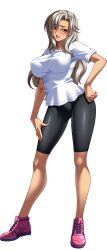 Rule 34 | 1girl, absurdres, bike shorts, bishop (company), blush, breasts, curvy, dark-skinned female, dark skin, female focus, full body, game cg, grey hair, gym uniform, hair between eyes, hand on own hip, highres, kagami hirotaka, large breasts, lipstick, long hair, looking at viewer, makeup, mesu kyoushi 3, mizusawa chisato, mole, mole under eye, open mouth, shirt, shoes, simple background, sneakers, solo, standing, transparent background, white shirt, wide hips, yellow eyes
