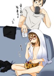 Rule 34 | 1boy, 1girl, :t, admiral (kancolle), bare shoulders, black hair, brown eyes, brown hair, candy, couch, cup, drinking, eating, food, glasses, halloween bucket, highres, holding, holding cup, kantai collection, long hair, mochizuki (kancolle), mug, nassukun, red-framed eyewear, shirt, short sleeves, simple background, sitting, towel, towel on head, white background, white shirt