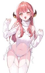 Rule 34 | 1girl, :d, alternate costume, aru (blue archive), blue archive, breasts, gluteal fold, highres, large breasts, long hair, meme attire, navel, open mouth, panties, red eyes, red hair, satoupote, simple background, smile, solo, sweater, thighs, turtleneck, turtleneck sweater, underwear, virgin destroyer sweater, white background, white panties, white sweater