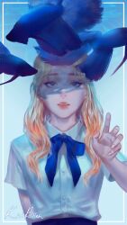 Rule 34 | 1girl, blonde hair, blue bow, blue bowtie, blue eyes, bow, bowtie, fish, hand up, highres, jinsoul, keibleh, long hair, looking at viewer, loona (group), parted lips, real life, school uniform, shirt, short sleeves, siamese fighting fish, solo, underwater, upper body, white shirt
