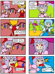 Rule 34 | !, 3girls, 4koma, :&gt;, ^^^, awesome face, bat wings, blonde hair, blue eyes, blue hair, cirno, closed eyes, comic, cup, embodiment of scarlet devil, artistic error, fang, fangs, finnish text, flandre scarlet, frog, happy, hat, head bump, injury, left-to-right manga, licking, multiple 4koma, multiple girls, parasol, purple hair, red eyes, remilia scarlet, ribbon, saliva, setz, short hair, simple background, slit pupils, smile, star (symbol), surprised, sweat, teacup, tongue, touhou, translated, tree, umbrella, wings