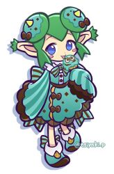 Rule 34 | blue eyes, blush stickers, bow, brown bow, buttons, doradorakingyo, double bun, doughnut, dress, drop shadow, food, footwear bow, full body, green dress, green hair, hair bun, horns, ice cream, icing, licking, lidelle (puyopuyo), looking at viewer, mint chocolate, pointy ears, puyopuyo, puyopuyo fever, simple background, single scoop, sleeves past wrists, striped, striped bow, twitter username, waist bow, white background, yellow horns