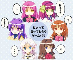 Rule 34 | ..., 6+girls, angel beats!, blue eyes, brown hair, chibi, clannad, commentary request, company connection, crossover, fujibayashi kyou, futaki kanata, hair intakes, highres, jitome, kanon, key (company), light blue background, little busters!, long hair, looking at viewer, medium hair, misaka kaori, multiple crossover, multiple girls, nakamura yuri, naruse shiroha, natsume rin, open mouth, purple eyes, purple hair, red eyes, simple background, speech bubble, spoken ellipsis, summer pockets, trait connection, translated, wasabi11060612, wavy hair, white hair, yellow eyes