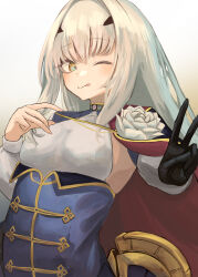 Rule 34 | 1girl, ;p, absurdres, black gloves, blue dress, breasts, cape, commentary request, dress, fate/grand order, fate (series), fingernails, flower, forked eyebrows, gloves, grey hair, highres, kokoa 10701, long hair, long sleeves, looking at viewer, melusine (fate), melusine (second ascension) (fate), one eye closed, red cape, rose, simple background, single glove, small breasts, smile, solo, tongue, tongue out, upper body, v, white background, white flower, white rose, yellow eyes