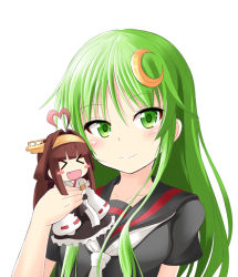 Rule 34 | &gt; &lt;, 10s, 2girls, :d, ahoge, black serafuku, black skirt, blunt bangs, blush, blush stickers, brown hair, character doll, closed eyes, collarbone, crescent, crescent hair ornament, detached sleeves, eyebrows, fang, frilled skirt, frills, green eyes, green hair, hair ornament, head tilt, headgear, heart, heart ahoge, holding, ichimi, kantai collection, kongou (kancolle), long hair, long sleeves, looking at viewer, multiple girls, nagatsuki (kancolle), nontraditional miko, open mouth, red ribbon, ribbon, ribbon-trimmed sleeves, ribbon trim, school uniform, serafuku, skirt, smile, white background, wide sleeves, xd
