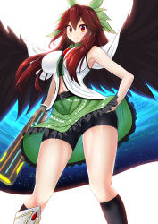 Rule 34 | &gt;:), 1girl, arm cannon, belt, bike shorts, bird wings, black socks, black wings, blush, bow, breasts, brown hair, cameltoe, cape, gluteal fold, hair bow, hand on own hip, highres, kneehighs, large breasts, long hair, looking at viewer, navel, nekoda (maoda), red eyes, reiuji utsuho, revision, shirt, shorts, shorts under skirt, skirt, sleeveless, sleeveless shirt, smile, socks, solo, third eye, touhou, v-shaped eyebrows, weapon, wings