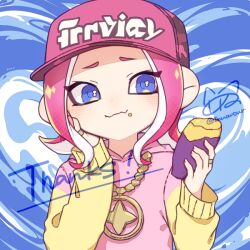 Rule 34 | 1girl, baseball cap, blue eyes, chewing, commentary request, commission, crumbs, eyelashes, food, gold necklace, hat, holding, holding food, inkling, inkling girl, inkling player character, inuowour, jewelry, medium hair, necklace, nintendo, octoling, octoling girl, octoling player character, pink hair, pink hat, pink sweater, signature, solo, splatoon (series), sweater, thank you, two-tone sweater, yellow sweater