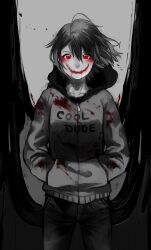 Rule 34 | 1boy, androgynous, blood, blood on face, character request, check character, closed mouth, collarbone, denim, frisk (undertale), greyscale, highres, hood, hoodie, jeans, looking at viewer, male focus, monochrome, pants, short hair, shousan (hno3syo), solo, spot color, undertale