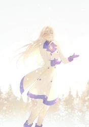 Rule 34 | 1girl, 86 -eightysix-, blue gloves, floating hair, gloves, grey eyes, hair behind ear, highres, jacket, legion (86 is romance), long hair, looking at viewer, open hands, silver hair, smile, snowing, solo, vladilena millize, white jacket